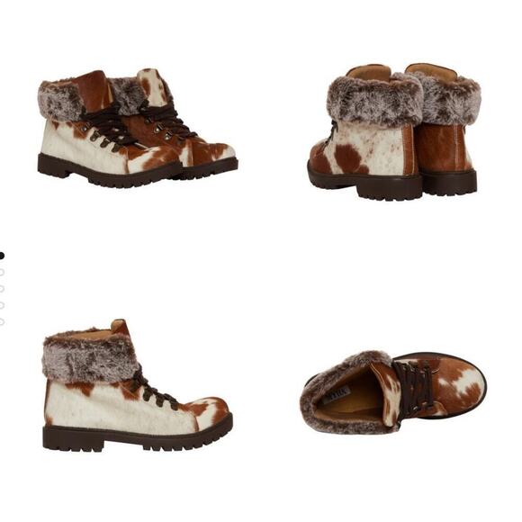 Myra Beaver Boots Hairon Cowhide Leather Fur Cuff Lace Up Rugged Sole 9 - Picture 13 of 13